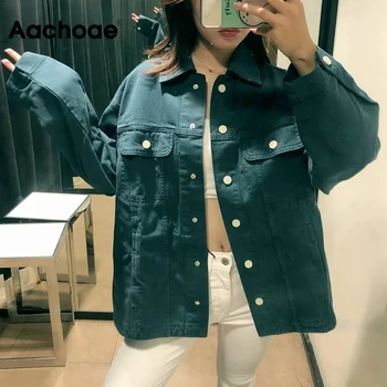 Aachoae Streetwear Kvinder Solid Bomuld, Denim Jakke, Mode Turn Down Krave Jeans Pels Lange Ærmer Løs Jakke Med Lommer