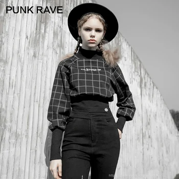 PUNK RAVE Girl ' s Halv-høj Krave Plaid Pullover Kvindelige Punk Vind langærmet Talje Løs Harajuku Kvinder Sweatshirt