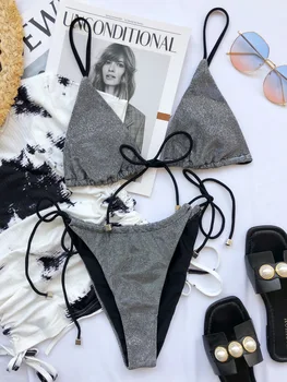Shiny Micro Biquini Sexede Bikini Sæt til Kvinder To-delt badedragt Push Up Strand Slid 2021 Sommeren String Svømmetur Kulør Poolen