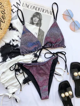 Shiny Micro Biquini Sexede Bikini Sæt til Kvinder To-delt badedragt Push Up Strand Slid 2021 Sommeren String Svømmetur Kulør Poolen