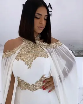 LORIE Havfrue Aften Kjoler 2021 Beaded Halterneck Hvid og Guld Cape arabisk Dubai Formelle Lange Elegante Galla Fest Kjoler