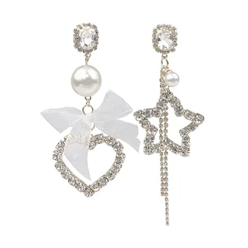 HOTSALE koreanske Forår New Style White Lace Crystal Big Heart Stjernede Asymmetrisk Øreringe Til Kvinder Rhinestone Lang Earings 12173