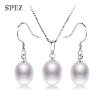 Mode 925 sterling sølv sæt naturlige perle smykker sæt ægte ferskvandsperle pendent halskæde øreringe til kvinder