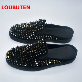 LOUBUTEN Sort Ko Ruskind Sko Luksus Mode Spiked Loafers Mænd Håndlavet Tøfler Plus Size Slip-on Casual Sko