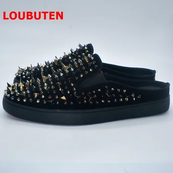 LOUBUTEN Sort Ko Ruskind Sko Luksus Mode Spiked Loafers Mænd Håndlavet Tøfler Plus Size Slip-on Casual Sko