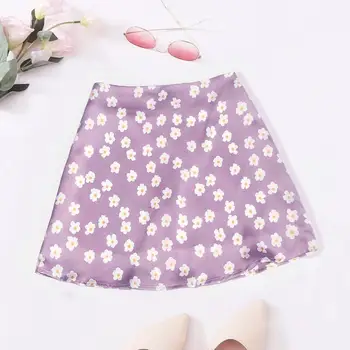 2020 Nye Mode Ferie Style Flower Udskrivning Kvinder Pink Satin Mini Nederdel Efteråret Fritids-Dame A-Line Nederdele