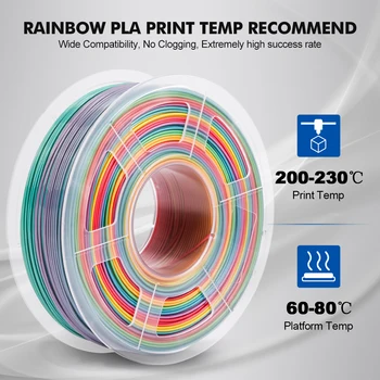 3D PLA Filament Rainbow Printeren Plast 1.75 MM 5 Ruller Bionedbrydeligt Bøjelig Lav Krympning Høj Styrke Håndterer DIY Gave