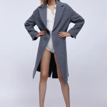 TRAF Kvinder 2020 Mode Med Metal Knapper Uldne Frakke Vintage Lange Ærmer lys blå Ventilationskanaler Kvindelige Overtøj Smarte Toppe