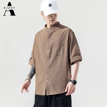 Hør kortærmet Shirt til Mænd, Oversized Japansk Streetwear Mode Vintage Mænds Afslappet Shirts Skjorter Mænd Tøj 2020