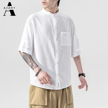Hør kortærmet Shirt til Mænd, Oversized Japansk Streetwear Mode Vintage Mænds Afslappet Shirts Skjorter Mænd Tøj 2020