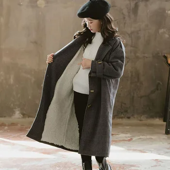 Uldne Børn Grå Plaid Trench Coats For Kids Fleece Lang Vinter Jakker Tøj Mode 2020 Teenage Piger Overtøj Pels