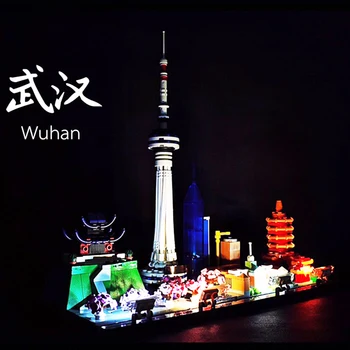 Byens Arkitektur byggeblokke Sæt med LED Lys Bygning Wuhan Skyline 3D-Model Pædagogisk Legetøj Mursten Børn Gave