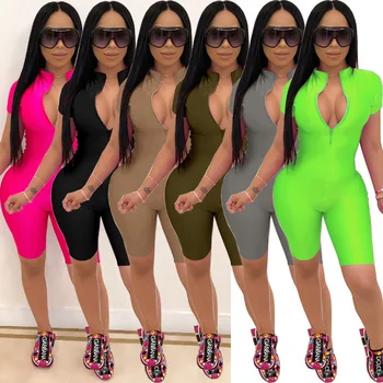 Afslappet Sommer Neon Playsuit Solid Rompers Dame Bodycon Bandage Korte Buksedragt Slank Elastisk Træningsdragt Kvindelige Overalls Plus Størrelse