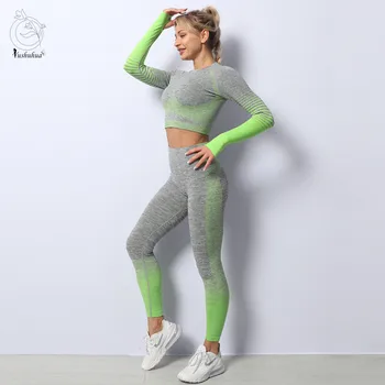 Kvinder Med Lange Ærmer Træningsdragt Aktiv Slid Kvinder Afgørende Problemfri Yoga Sæt Gym Tøj Trænings-Og Leggings + Beskåret Shirts, Sports Trop