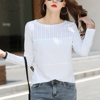 Mode Broderi 5 Farver Kvinder Bomuld T-shirts koreanske Solid langærmet Skjorte Kvinder Slim Fit Kontor Dame Casual Tøj 10852