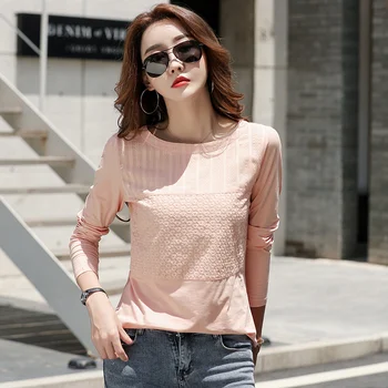 Mode Broderi 5 Farver Kvinder Bomuld T-shirts koreanske Solid langærmet Skjorte Kvinder Slim Fit Kontor Dame Casual Tøj 10852