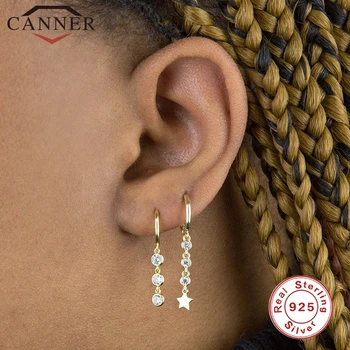 CANNER Ægte 925 Sterling Sølv Hoop Øreringe til Kvinder, Sorte og Hvide Zircon Piercing Øreringe Earings Smykker pendientes
