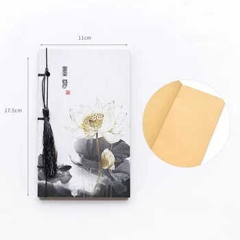 17*11cm Kinesisk Stil Lotus Vintage Notebook med Kvast Bblank Kraft