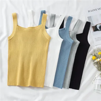 Sexet Strikket Tank Top Solid Farve Firkantet Krave Sleeveles Koreanske Streetwear Kvinde Tøj W852