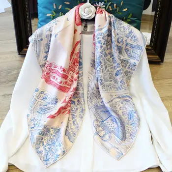 Twill Silke Tørklæde 14 Momi Bandana Square Luksus Mode Hest City Print Tørklæde Hånd Rullet Sjal Hijab 90*90 cm / 35
