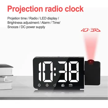 Digital Radio, Vækkeur Projektion Udsæt Uret Baggrundslys Roterbar Vækning LED Display Tabel FM Clock Radio Til hjemmekontoret