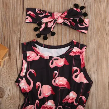 Toddler Baby Børn Piger Flamingo Romper Silke Buksedragt Hovedbøjle Udstyr
