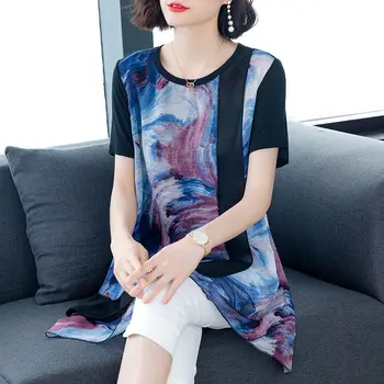 2020 Nye Sommer Midten Aaged Kvinder Chiffon kortærmet Bluse Toppe Kvindelige Blomster Print Mode Slim Plus Størrelse 4xl Shirt W90