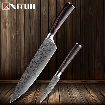 XITUO 2 stk køkkenknive sæt Japansk Damaskus stål Mønster kokkens kniv sæt Cleaver Peeling Laks Udskæring nytte af træ