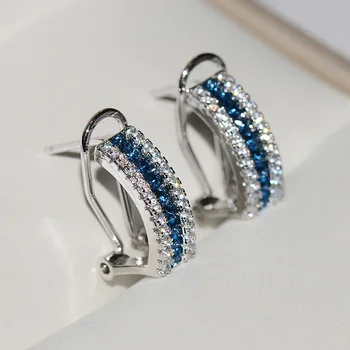 Cute Fashion Ægte 925 Sterling Sølv Stud Øreringe med Blå Zircon Sten Rundt koreanske Mode Øreringe Smykker