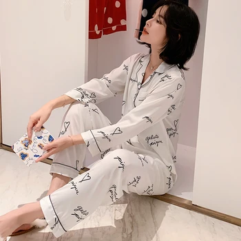 Damer pyjamas is sne silke langærmet to-stykke mode brev fritid og komfortable hjem, der passer JJF0134 12835