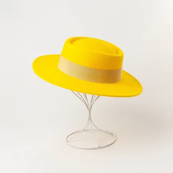 Caluriri Ny Uld Vinter Hat Runde Flade Top Filt Hat Med Stor Skygge Top Hat Kvinder Foråret Efteråret Flad Top Uldne Top Hat, Fedora Hat 12848