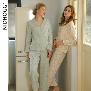 2021 Foråret Kvinder Pyjamas Bomuldscrepe Mælkebøtte Print Pijamas Pastorale Stil Langærmet Loungewear To Stykke Blødt Nattøj