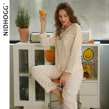 2021 Foråret Kvinder Pyjamas Bomuldscrepe Mælkebøtte Print Pijamas Pastorale Stil Langærmet Loungewear To Stykke Blødt Nattøj