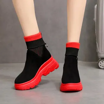Kvinder Støvler 2020 Ny Stil Rund Tå Elastisk Sok Sko Rød Vævet Behageligt, Non-Slip Sål Åndbar Mesh Platform Støvler