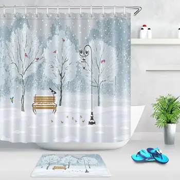 Vinteren Forest Park Bænk Akvarel badeforhæng Badeværelse Hjem Kunst Badekar Dekoration Vandtæt Gardiner med 12 Kroge