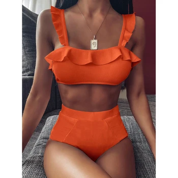 2021 Sexet Orange Badetøj Høj Talje Svømning, der Passer Til Kvinder Push-up Badedragt Biquini badetøj Badetøj Ruffle Bikini Sæt