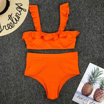 2021 Sexet Orange Badetøj Høj Talje Svømning, der Passer Til Kvinder Push-up Badedragt Biquini badetøj Badetøj Ruffle Bikini Sæt
