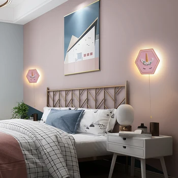 Cartoon Kids Soveværelse Sengen væglampe med afbryder for væglampe med Kæde Harpiks Pink Unicorn væglampe for Kids Børnehaveklasse Rummet