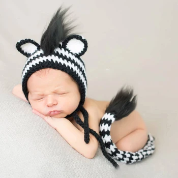 Nyfødt Fotografering Tøj Løve, Zebra Design Uldne Strikkede Baby Dreng Pige Billeder, Outfits Lionet Hat + Hale 2stk Kostumer