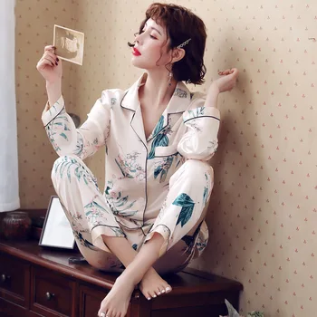 Kvinder Pyjamas Sæt Efteråret Nye Tynde Blomst Trykt Pijamas Dragt Med Lange Ærmer Nattøj Casual Tøj Hjem Pyjamas Femme Nattøj