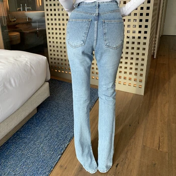 BGTEEVER Vintage Flare Jeans Blå Høj Talje Knappen Split Gulv-længde Kvinder Denim Jeans Mode Kvindelige Denim Bukser 2020 Foråret