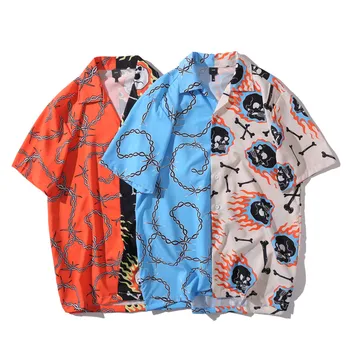 Kraniet Kæde Trykte Shirts Mænd Sommeren Korte Ærmer Hawaiian Beach Løs Casual Skjorter Hip Hop Streetwear Koreanske Harajuku-Shirts