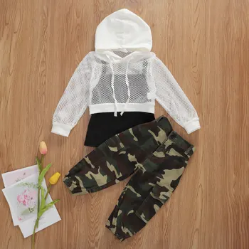 Mode Afslappet 1-6Y Mode Spædbarn Baby Piger Tøj Sæt Net Hætteklædte Toppe + Sorte Vest Toppe + Camouflage Print Bukser 3stk