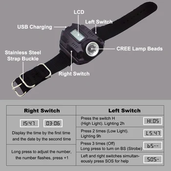 Lommelygte Taktiske Ure Med Høj Effekt Genopladelige LED Lommelygte Taktisk lygte armbåndsur Lommelygte Torch LED