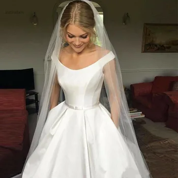 Beskeden Simpel Bryllup Kjoler Vintage Satin Off Skulderen A-line Wedding Dress, Country Garden brudekjolen