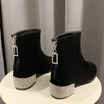 2020 Støvler til Kvinder Sko Femenino Efteråret Kvindelig Britisk Stil Flok Rhinestone Hæle Bling Ankel Støvler Elegant Dame Støvler