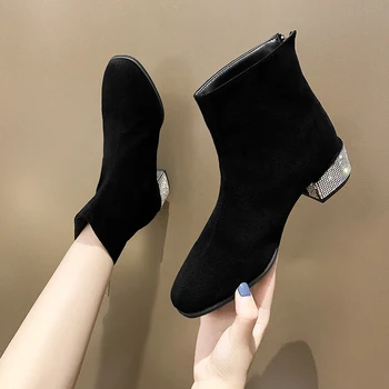 2020 Støvler til Kvinder Sko Femenino Efteråret Kvindelig Britisk Stil Flok Rhinestone Hæle Bling Ankel Støvler Elegant Dame Støvler