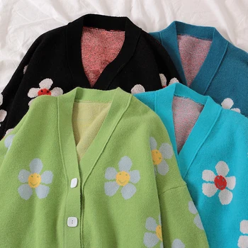 2020 Preppy Style Flower Strik Cardigans Sweater Kvinder V Hals Løs elegaht Thicked Trække Femme Print Korte Afslappet Frakke