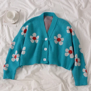2020 Preppy Style Flower Strik Cardigans Sweater Kvinder V Hals Løs elegaht Thicked Trække Femme Print Korte Afslappet Frakke
