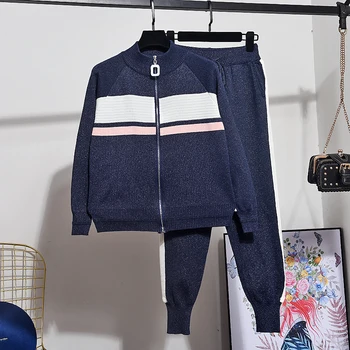 ALPHALMODA 2020 Kontrast Farve Stribet Kvinder Mode strik cardigan sweater + Bukser 2stk Passer til Lyse Silke Strikke Tøj Sæt